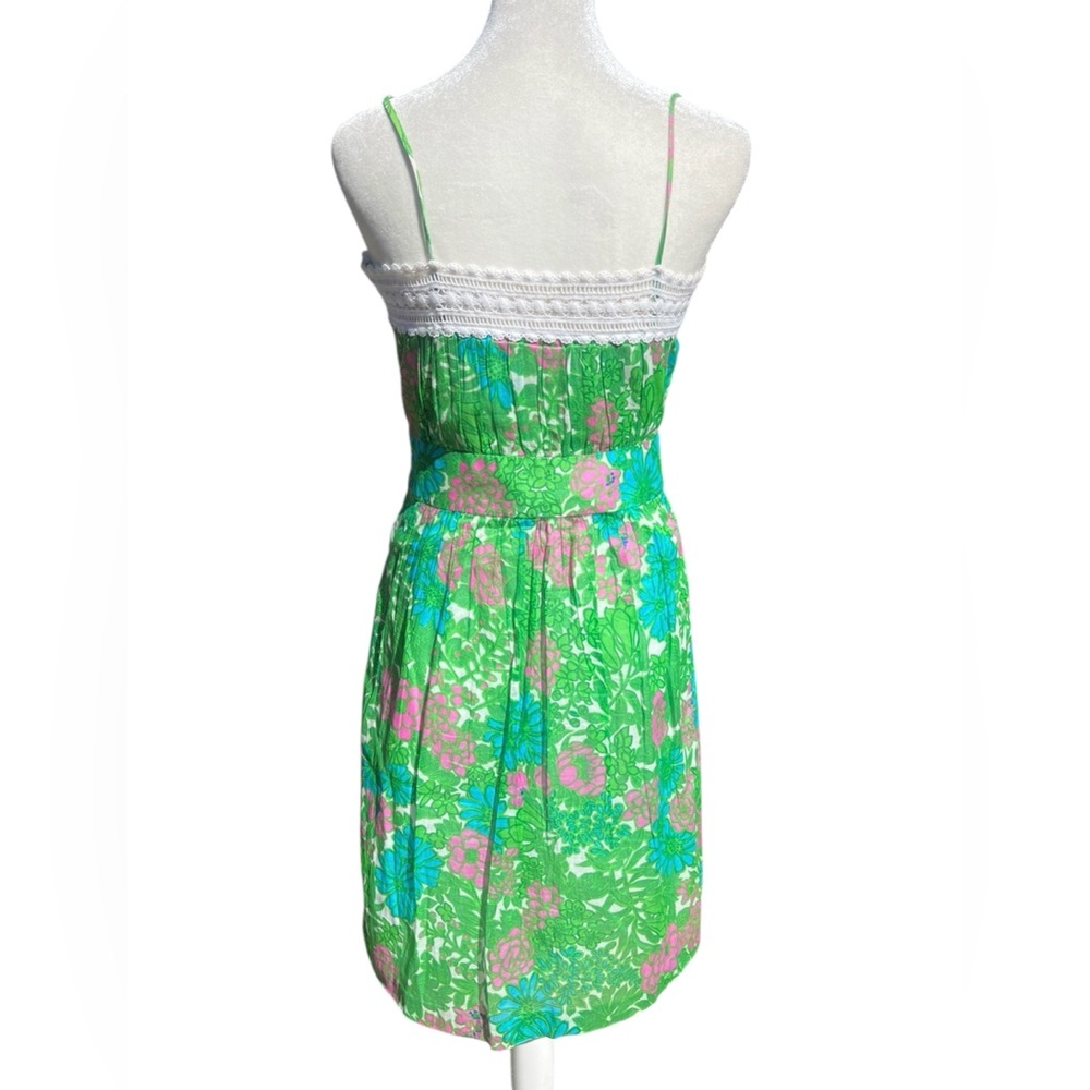 MILLY Green Pink Floral Garden Sun Dress Lace Trim *As Seen on Dexter TV* Sz 2 - Picture 6 of 14